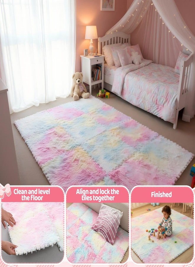 Maasechs 16 Pcs Pastel Shaggy Unicorn Princess Plush Puzzle Foam Floor Mat, 11.8 x 11.8 Inch Soft Interlocking Carpet Tiles, Colorful Shaggy Play Mat for Play Room, Nursery, Dorm Decor - Image 4